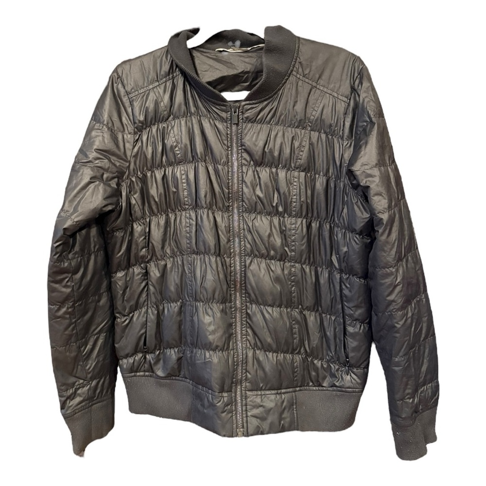 Athleta Black Quilted Goose Down Bomber Jacket Zip Front Rack 2